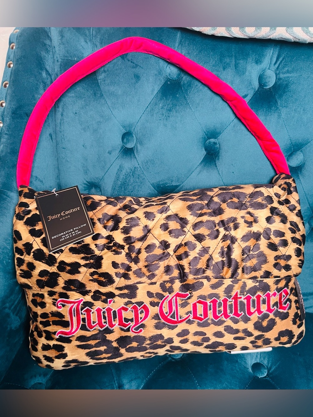 Juicy Couture Leopard Quilted with Hot Pink Purse Shaped Pillow. 10βx16β NWT